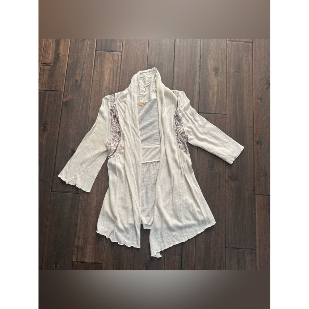 Audrey 3+1 Cream Open Cardigan with Brown Boho Floral Detail One Size